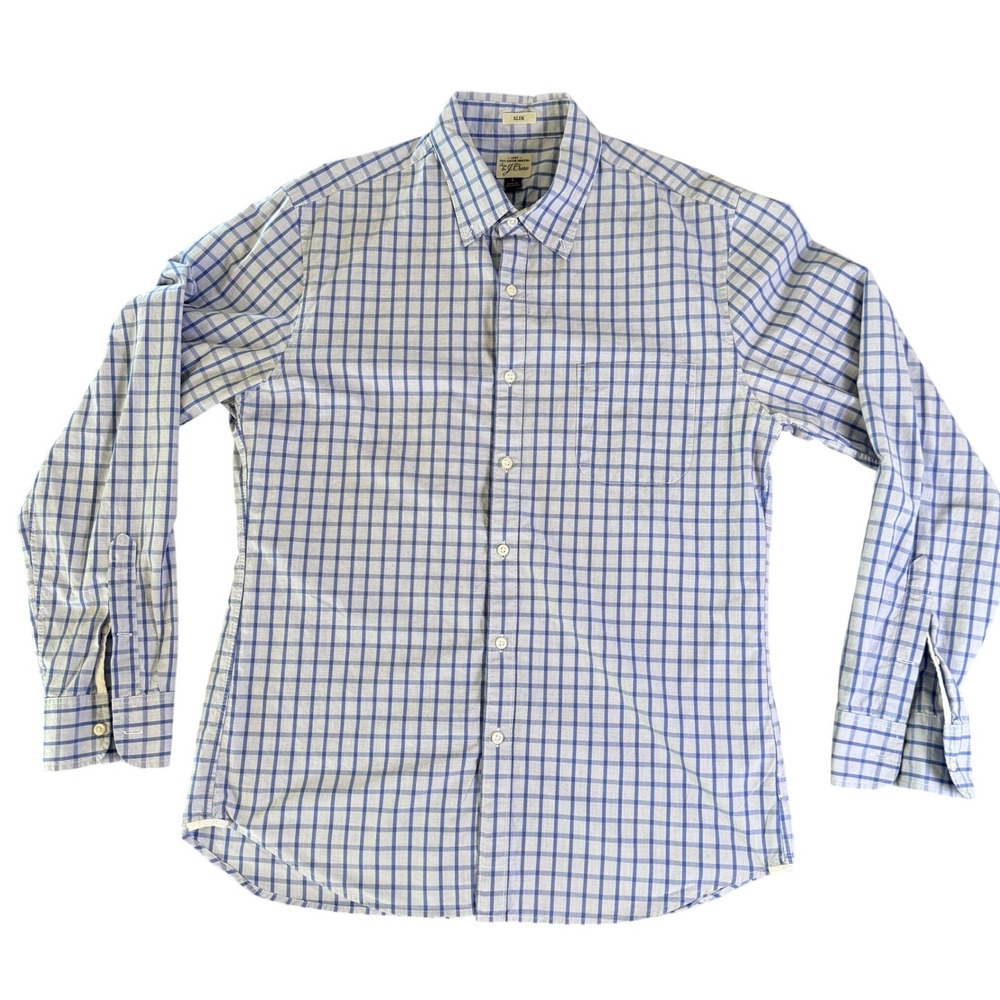 J.CREW Slim Fit Shirt L 2-Ply Cotton Blue White Grid Windowpane Office Preppy